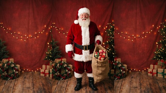 Smiling Santa Claus holding a sack of presents in a festive Christmas scene with trees and lights