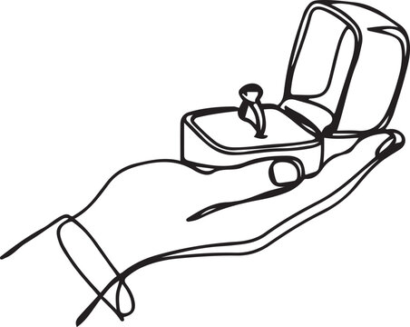 Single continuous line drawing hand holding box wedding ring. Groom's gift for bride on their special day. Marriage ceremony celebration.