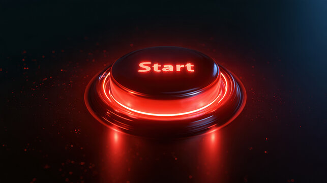 Start button red glowing dark background futuristic technology interface concept game digital launch neon glossy press