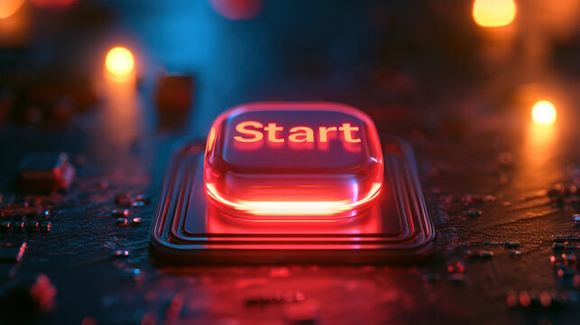 Start button orange red glowing dark technology panel circuit board futuristic interface concept game digital launch