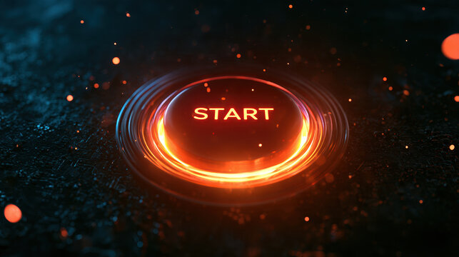 Start button glowing orange red ring dark background futuristic technology energy interface concept game digital launch