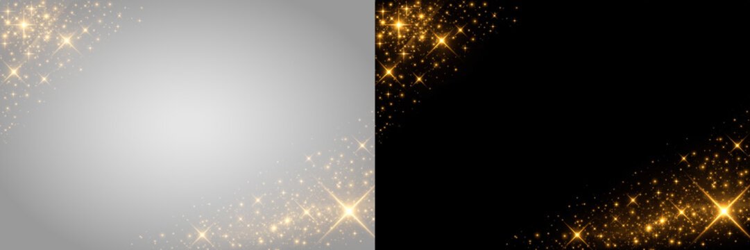 Golden sparkling particle corner decorations with starbursts on transparent background