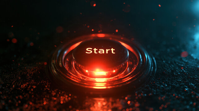 Start button glowing orange red ring dark background futuristic technology energy interface concept game digital launch