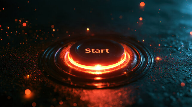 Start button glowing orange red ring dark background futuristic technology energy interface concept game digital launch