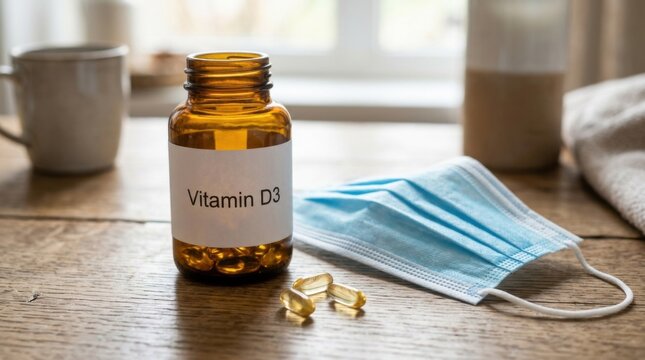 Vitamin D3 Supplement Bottle and Face Mask on Wooden Table Health and Wellness Concept