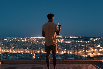 Fototapeta premium Man standing on rooftop terrace holding wine glass overlooking illuminated city at night for travel lifestyle background and evening relaxation banner