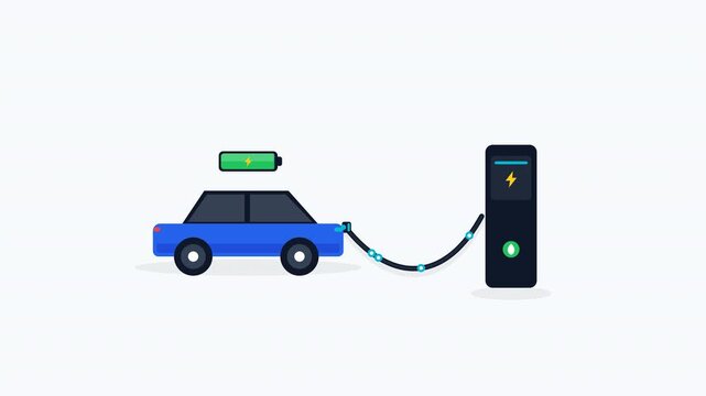 Modern flat vector animation showing an electric vehicle charging through a connected charging station with animated energy flow and battery status.