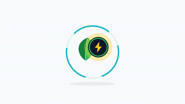 Modern flat vector animation representing clean renewable energy with a sustainable leaf, energy symbol, and continuous circular energy flow.