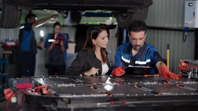 Mechanic explains the EV battery to a customer and then writes on his clipboard while two technicians inspect the car