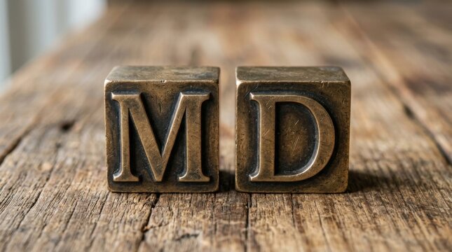 Vintage Metal Blocks with Letters M and D on Rustic Wooden Table