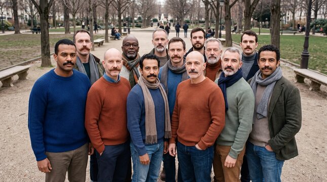 mens health awareness, a diverse group of men stands united in a city park, promoting movember