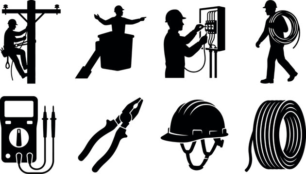 Electrician vector silhouette icon set featuring professional workers, electrical tools, and equipment for industrial maintenance and construction projects