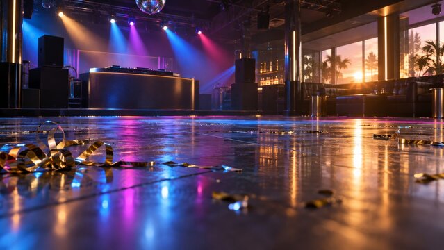 Empty nightclub dance floor with colored lights reflected in scattered confetti in a vacant party room, for a holiday card