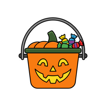 Halloween Pumpkin in a Bucket with Fresh Orange and Green Pumpkins Isolated on White Background for Autumn Holiday Celebration and Harvest Concept