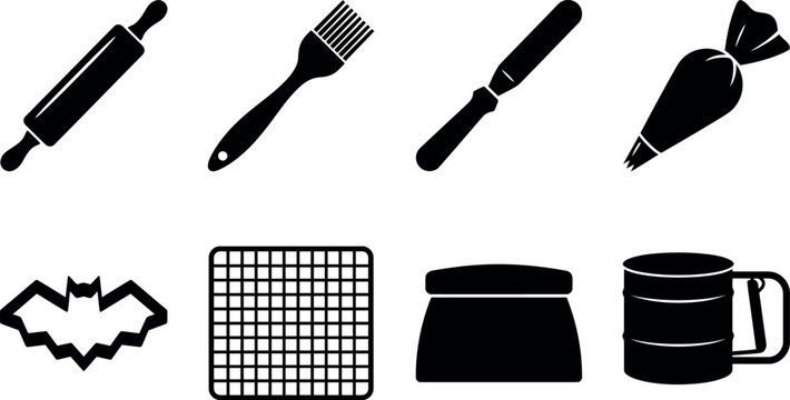 Halloween baking tools icon set featuring rolling pin, pastry brush, spatula, piping bag, bat cookie cutter, cooling rack, and flour sifter