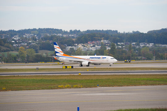 Smartwings airplane type Boeing 737-8Q8 registration OK-TVJ arriving at Swiss Z&uuml;rich Airport on an autumn afternoon. Photo taken September 29th, 2026, Zurich Airport, Switzerland.