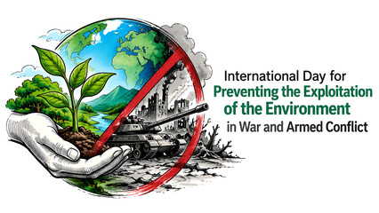 Obraz premium International Day for Preventing the Exploitation of the Environment in War and Armed Conflict conceptual illustration.