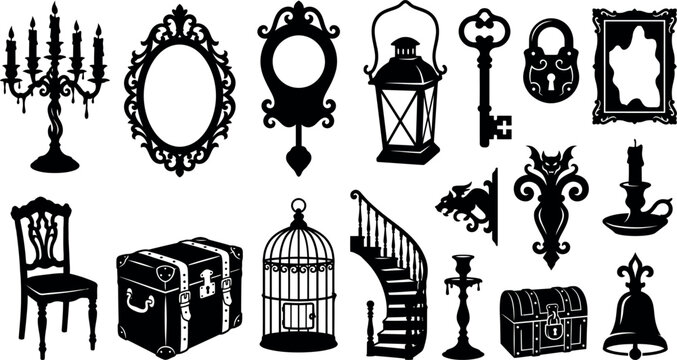 Gothic Victorian silhouette collection featuring antique furniture, candelabras, and spooky decor elements isolated on white background
