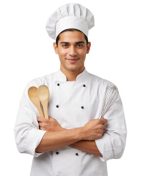 Happy professional male chef in white uniform holding cooking utensils with wooden spoon food service restaurant staff culinary expert chef hat
