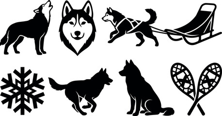 Siberian husky silhouette collection vector set with wolves sled snowflake and snowshoes isolated on white © Sourav