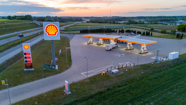 Sierskowola, Poland - May 31, 2026: Aerial view on Shell gas station.