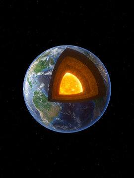 Earth cutaway revealing its glowing internal core layers
