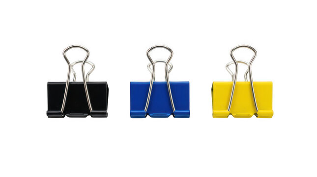Three colorful binder clips isolated on transparent background
