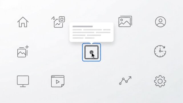 Interactive dashboard user interface design featuring minimalist line icons with a cursor selecting a function and displaying a tooltip bubble