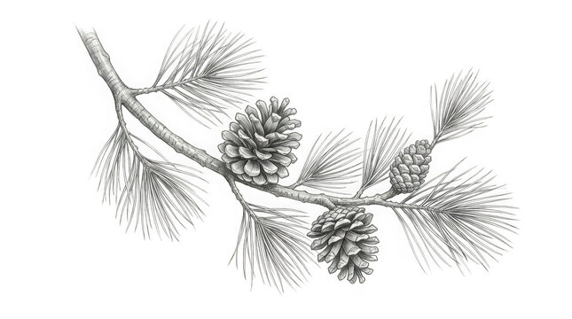 Detailed pencil drawing of a pine tree branch with pine cones and needles isolated on transparent background