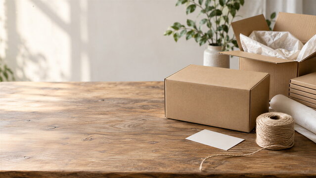 Unbranded Kraft Cardboard Shipping Boxes with Twine and Blank Card on a Wooden Table