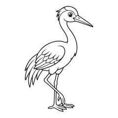 Fototapeta premium Cute cartoon stork crane bird outline line art illustration. Black and white heron animal character with long beak for kids coloring page activity book.