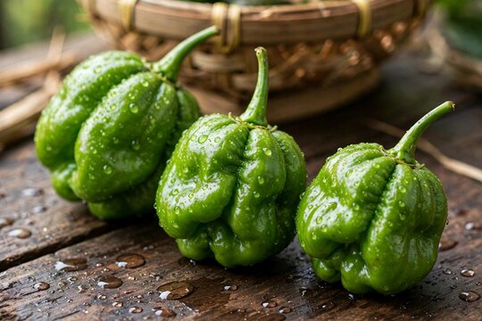 Three fresh green Cabe Gendot, traditional fat round chili pepper from Sunda West Java Indonesia on rustic wooden table with bamboo basket background`