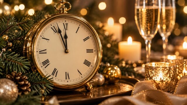 Gold analog clock with hands near midnight beside greenery and glasses on a candlelit celebration table, for a holiday card
