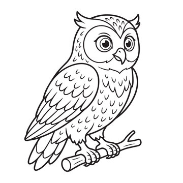 Cute cartoon owl perched on tree branch outline line art illustration. Black and white bird character with big eyes for kids coloring page activity book.