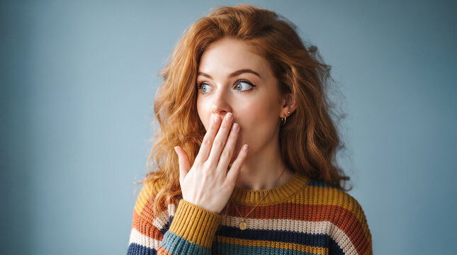 Surprised young woman covering her mouth in amazement perfect for exciting unexpected news special offers and expressive emotional lifestyle promos