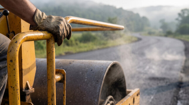 Construction worker operating a heavy steamroller to compact fresh asphalt on a road construction site during a foggy morning