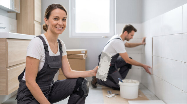 Professional construction workers installing white ceramic tiles on a bathroom wall during a home renovation project