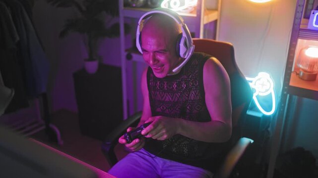 Man wearing headset holds controller and performs a fist pump while smiling in a neon gaming studio with headset mic visible; competitive joy.