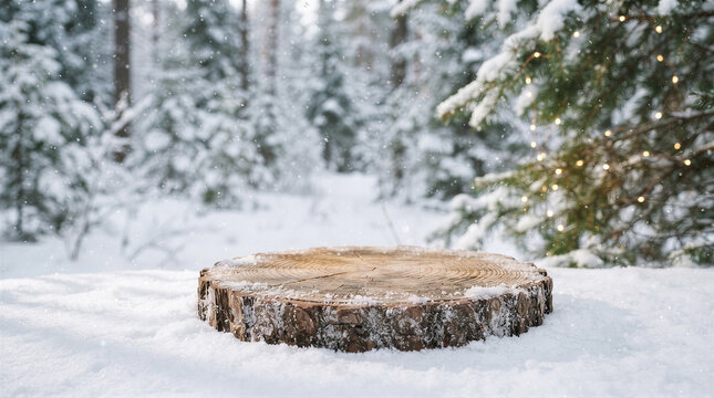 Empty wooden podium for product display in a snowy winter forest with blurred pine trees and festive fairy lights