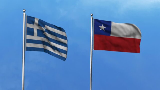 Greece and Chile Waving Flags, 3D Illustration.