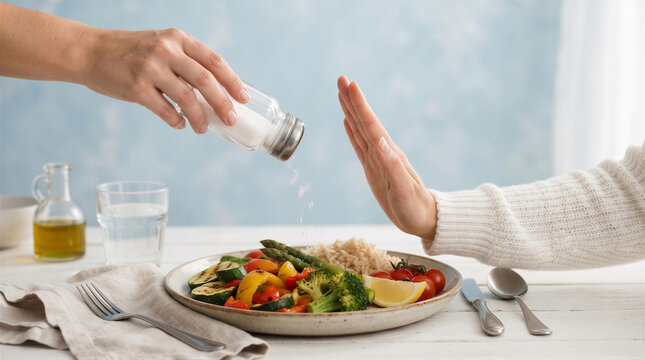 Person refusing salt being added to a healthy plate of vegetables and rice