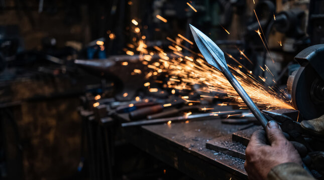 Closeup of a blacksmith grinding a metal spearhead in a workshop with bright sparks flying in the dark background