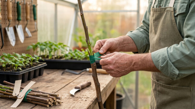 Gardener grafting a fruit tree branch with green tape in a greenhouse