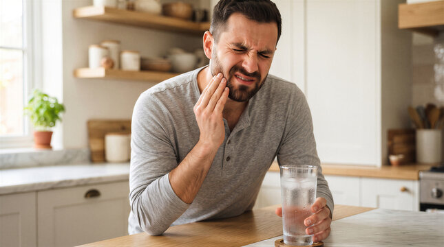 Man in kitchen holding his cheek in pain while holding a glass of ice water, experiencing tooth sensitivity or dental discomfort