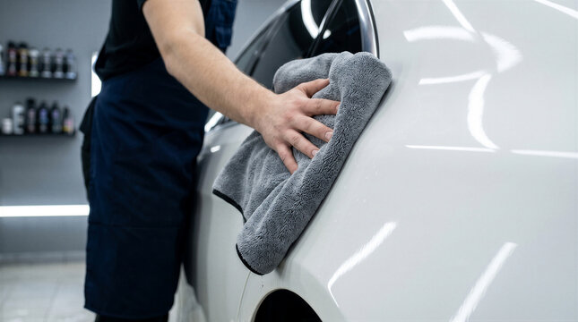 Professional car detailer wiping and polishing a white car exterior with a microfiber cloth in a workshop