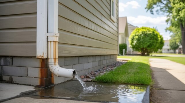 Water flowing from a rusted residential downspout into a drainage area during rain. Practical example of home.