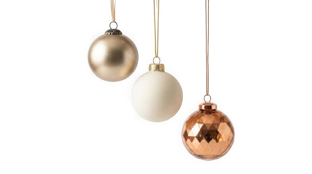 Three decorative christmas baubles hanging isolated on transparent background