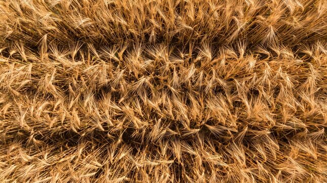 Golden wheat field top view texture, overhead ripe cereal crop background, agricultural farm nature pattern