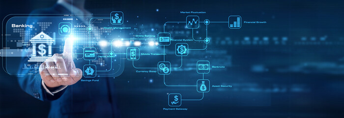 Obraz premium Finance director handhold circuit terminal tracking Banking accounts network secure transaction wealth management node smart economic core. Banking facilitates investment a digital vault.