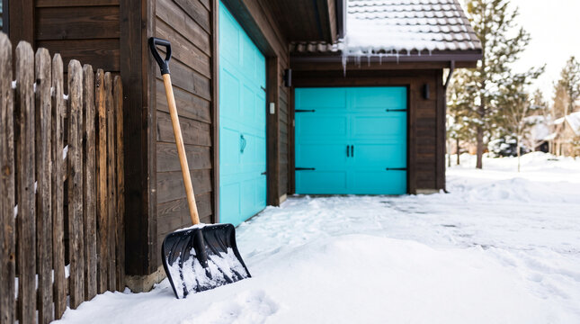 Snow shovel by garage in cold weather, winter property maintenance and driveway clearing